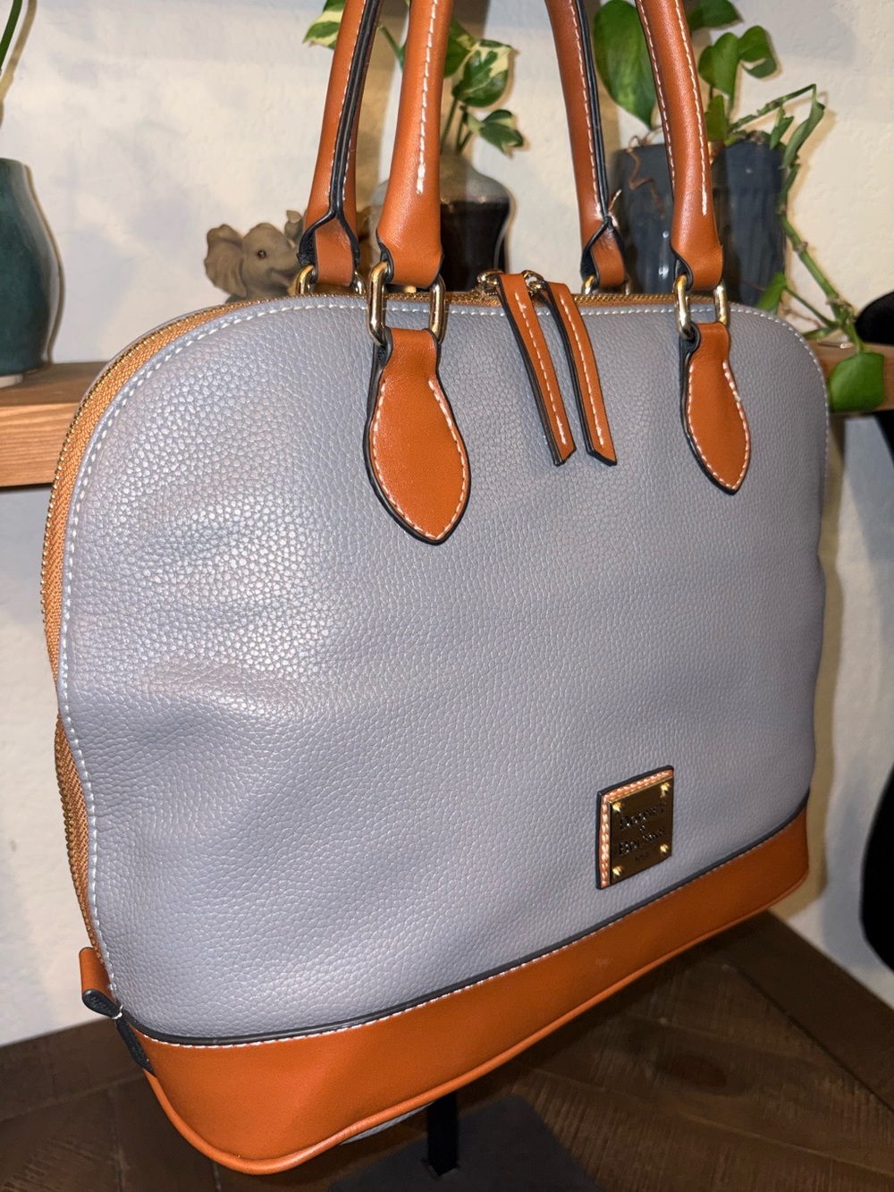 Dooney & Bourke Gray and Tan Pebbled Leather Dome Satchel - Picture 2 of 11